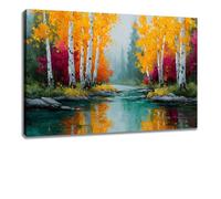 Kunstbruder Autumn by the Lake Canvas Picture, 30 x 40 cm, Yellow Turquoise Shades, Modern Art Picture, Hand-Painted Structure, Exclusive Wall Decoration for Living Room and Office