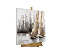 Kunstloft Acrylic painting | 100% HANDPAINTED | 31x31inches | Framed wall art 'With you around the world' | Ships & boats | Grey | Painting on canvas