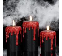 KunSwenn Halloween Real Wax LED Pillar Flameless Candles, Black and Red Blood Dripping Battery Operated Candles with 6H Timer and Flickering 3D Wick for Home Decor