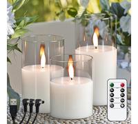 KunSwenn Rechargeable Candles with Remote Timer, Clear Glass Flameless Candles Flickering with Charging Cable, 3 Pack Real Wax LED Pillar Candle for Halloween Christmas Home Decor (D3” x H4”5”6”)