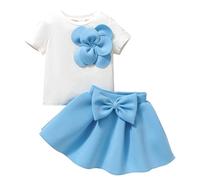 Kunyeah 2Pcs Baby Girl Summer Dress Toddler Ribbed Knit Tops Bow Tutu Skirts Infant Flower Clothes Outfit Blue