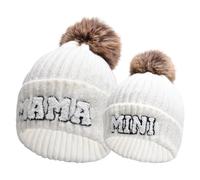 Kunyeah 2PCS Parent-Child Beanie Hat Women Embroidery Knitted Hat Mama and Baby Matching Hats Winter Warm Cap with Pom-Pom (UK, Alpha, One Size, White)