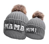 Kunyeah 2PCS Parent-Child Beanie Hat Women Embroidery Knitted Hat Mama and Baby Matching Hats Winter Warm Cap with Pom-Pom (UK, Alpha, One Size, Dark Gray)