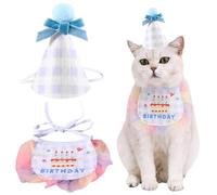 Kunyeah 2Pcs Pet Happy Birthday Hat Scarf Set Cute Embroidered Cat Bandana Outfit Pet Bowknot Cone Hat Cat Plaid Pattern Princess Costumes Dog Lace Bib Pet Party Supplies Decoration (Blue)