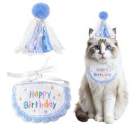 Kunyeah 2Pcs Pet Happy Birthday Hat Scarf Set Puppy Princess Costumes Cute Cat Bandana Outfit Dog Cone Hat wtih Pom-pom Colorful Lace Bib Collar Pet Birthday Decorations Party Supplies (Blue)