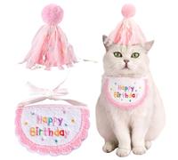 Kunyeah 2Pcs Pet Happy Birthday Hat Scarf Set Puppy Princess Costumes Cute Cat Bandana Outfit Dog Cone Hat wtih Pom-pom Colorful Lace Bib Collar Pet Birthday Decorations Party Supplies (Pink)