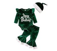 Kunyeah 3PCS Baby Girl Christmas Outfits My 1st Christmas Clothes Infant Velvet Romper Tops+Bell Bottoms Pants +Xmas Hat (Green, 18-24 Months)