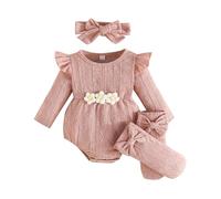 Kunyeah 3Pcs Baby Girl Outfits Infant Ruffle Romper Long Sleeve Bodysuit+Bow Hairband+Socks Newborn Flower Jumpsuit (Pink, 3-6 Months)