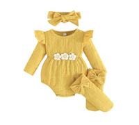 Kunyeah 3Pcs Baby Girl Outfits Infant Ruffle Romper Long Sleeve Bodysuit+Bow Hairband+Socks Newborn Flower Jumpsuit (Yellow, 3-6 Months)
