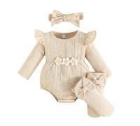 Kunyeah 3Pcs Baby Girl Outfits Infant Ruffle Romper Long Sleeve Bodysuit+Bow Hairband+Socks Newborn Flower Jumpsuit (Beige, 6-9 Months)