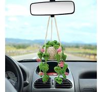 Kunyeah Crochet Hanging Plant for Car Cute Potted Plants Crochet Decor Car Mirror Hanging Accessories Rear View Ornament Hanging Boho Handmade Knitted Pendant (Pink)