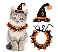 Kunyeah Halloween Pet Costume Set for Cats Small Dog Adjustable Knitted Hat Scarf Pumpkin & Witch Print Puppy Bib Cute Crochet Cat Collar Cap Pet Apparel Outfit (Orange-Ball)