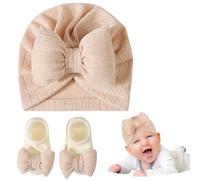 Kunyeah Newborn Baby Girls Hat Knitted Socks Set Infant Beanie Cap Baby Hospital Hats Toddler Soft Warm Cap for 0-12 Months (UK, Alpha, One Size, Beige)