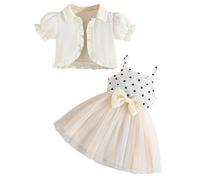 Kunyeah Toddler Girls Dress with Cardigan Baby Summer Tutu Dress Little Girl Sleeveless Tulle Skirts Short Sleeve Ruffle Coat Beige
