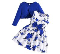 Kunyeah Toddler Girls Dress with Cardigan Set Little Girl Floral Sleeveless Dress Ruffle Coat Baby Long Sleeve Outfit Blue
