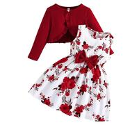 Kunyeah Toddler Girls Dress with Cardigan Set Little Girl Floral Sleeveless Dress Ruffle Coat Baby Long Sleeve Outfit Red