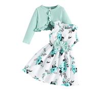 Kunyeah Toddler Girls Dress with Cardigan Set Little Girl Floral Sleeveless Dress Ruffle Coat Baby Long Sleeve Outfit Green