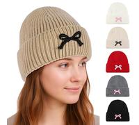 Kunyeah Women Bow Beanie Hat Winter Fashion Knitted Hat Girl Warm Floppy hat Cute Embroidery Bowknot Cap (UK, Alpha, One Size, Khaki)