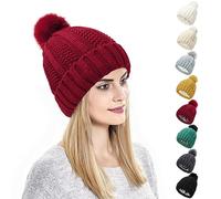 Kunyeah Women's Winter Beanie Hat with Pompom, Satin Silk Lined, Warm Solid Color, Burgundy