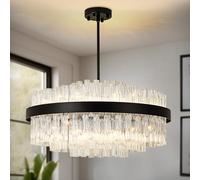 KUNYEEE Black Crystal Chandeliers Flush Mount Crystal Ceiling Light Fixture Round Chandeliers Pendant Light for Living Room Kitchen Island Dining Table Hallway, G9 x 12 Lights 60cm