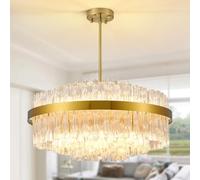 KUNYEEE Gold Crystal Chandeliers Flush Mount Crystal Ceiling Light Fixture Round Chandeliers Pendant Light for Living Room Kitchen Island Dining Table Hallway, G9 x 12 Lights 60cm