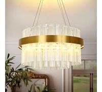 KUNYEEE Modern Crystal Chandelier Gold, Round LED Pendant Light Fixtures, 3000K-6000K Dimmable Adjustable Hanging Chandeliers for Foyer, Living Room, Dining Room 40cm