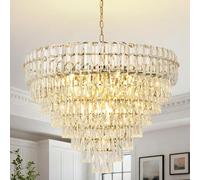 KUNYEEE Modern Crystal Chandelier, Round Luxury Pendant Light 5-Tiers Ceiling Hanging, Gold Chandeliers Light Fixture for Dining Room Living Room E14 x 12, Ø80 cm