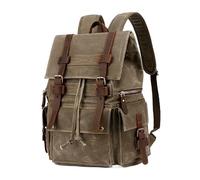 KUNYOS Retro Distressed Waxed Canvas Crazy Horse Leather Clamshell Drawstring Backpack, Large Capacity, Water-repellent, Can Hold A 14-inch Computer, Multi-partition Storage(Army green)