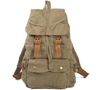 KUNYOS Retro Distressed Waxed Canvas Crazy Horse Leather Clamshell Drawstring Backpack, Large Capacity, Water-repellent, Can Accommodate 14-inch Computer, Multi-partition Storage(Army green)