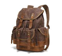 KUNYOS Retro waxed canvas & crazy horse leather backpack, large capacity, 17.7-inch laptop compartment. Multi-pocket unisex bag for travel, hiking, camping, commuting(Waxed coffee 2)