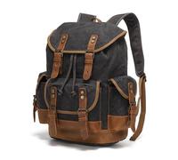 KUNYOS Retro waxed canvas & crazy horse leather backpack, large capacity, 17.7-inch laptop compartment. Multi-pocket unisex bag for travel, hiking, camping, commuting(Waxed black 2)