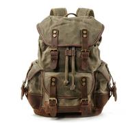 KUNYOS Retro waxed canvas & crazy horse leather backpack, large capacity, 17.7-inch laptop compartment. Multi-pocket unisex bag for travel, hiking, camping, commuting(Waxed army green)