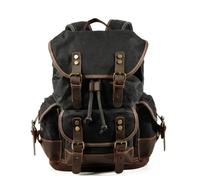 KUNYOS Retro waxed canvas & crazy horse leather backpack, large capacity, 17.7-inch laptop compartment. Multi-pocket unisex bag for travel, hiking, camping, commuting(Waxed black)
