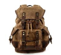 KUNYOS Retro waxed canvas & crazy horse leather backpack, large capacity, 17.7-inch laptop compartment. Multi-pocket unisex bag for travel, hiking, camping, commuting(Waxed khaki)