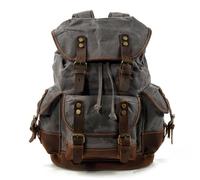 KUNYOS Retro waxed canvas & crazy horse leather backpack, large capacity, 17.7-inch laptop compartment. Multi-pocket unisex bag for travel, hiking, camping, commuting(Waxed dark grey)