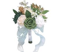KUNYOS Wedding bridal bouquet, foam artificial roses, heart-shaped hand design, with exquisite lace, suitable for church, lawn wedding, outdoor party decoration(Green)