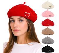 Kunyreah Wool Beret Hat for Women Baby French Style Beanie Hat Soft Embroidered Heart Warm Cap Mom Daughter Matching Hats (UK, Alpha, M, Red)