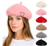Kunyreah Wool Beret Hat for Women Baby French Style Beanie Hat Soft Embroidered Heart Warm Cap Mom Daughter Matching Hats (UK, Alpha, M, Pink)