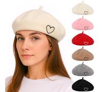 Kunyreah Wool Beret Hat for Women Baby French Style Beanie Hat Soft Embroidered Heart Warm Cap Mom Daughter Matching Hats (UK, Alpha, M, Beige)