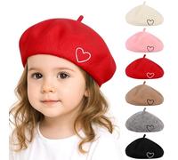 Kunyreah Wool Beret Hat for Women Baby French Style Beanie Hat Soft Embroidered Heart Warm Cap Mom Daughter Matching Hats (UK, Alpha, S, Red)