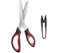 KUONIIY Pinking Shears Serrated, Comfort Grips Handled, Professional Dressmaking Sewing Craft, Zig Zag Cut Scissors, 9 Inch, Black Red