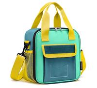 Kuosdaz Lunch Box for Kids, Large Double-Insulated Lunch Bag for Boys, Cooler Bag Back to School Thermal Reusable, Cute Preppy Students Lunch Tote Pail with Water Bottle Holder, Blue & Green