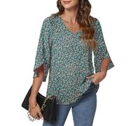 KUOTAI Womens Summer Tops Dressy Casual Shirts 3/4 Sleeve V Neck Work Blouse Business Casual Shirts, Black Green Flo, XXL