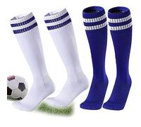 kuou 2 Pairs Kids Football Socks, 2 Colors Childrens Unisex Anti-slip Towel Bottom Socks Long Soccer Breathable Sock for Rugby, Hockey, Running Or Training (White, Blue) Children Aged 5-12, 18x 36cm