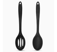 kuou 2 Pcs Large Silicone Cooking Spoon, Black Slotted Spoons Nonstick Kitchen Spoon Heat-Resistant Cooking Spoons for Stirring, Scooping and Mixing