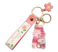 KUPOOL Creative floating Cherry blossoms Rabbit Keychain Liquid Oil Rabbit Moving Heart Milk tea cup Keyring Quicksand Key Chain Gift, Pink (ZRX-SY11)