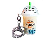KUPOOL Milk Tea Keychain Creative Cat Bubble Tea Key Chain Mini Lifelike Simulation Milk Tea Quicksand Key Ring Cute Car Key Chain Pendant Bag DIY Charms Jewelry Accessories Enamel