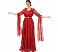 Kurdish-Style Women’s Sequined Maxi Dress with Waist Chain, Luxury Middle Eastern Formal Evening Gown for Newroz, Weddings, Parties & Cultural Events Red