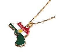 Kurdistan Gold Enamel Pendant Necklace Flag Region Map Kurdish Large Chain Jewelry, Brass