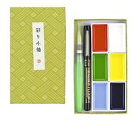 Kuretake IRODORI KOBAKO GREEN, Watercolor paint set 6 colours with Waterbrush and MANGAKA Black pen 0.1mm, Professional-quality for artists, Made in Japan
